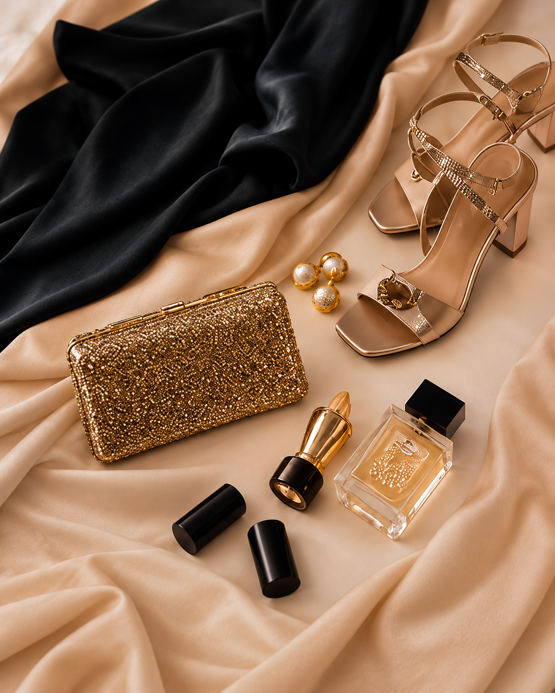 Golden evening accessories laid out for an event look